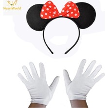 Mbb E-Ticaret Mey Ithalat® Kırmızı Fiyonklu Minnie Mouse Tacı ve Beyaz Eldiven Seti