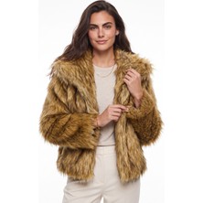 Onloox Camel Siyah Polyester Suni Kürk Dokulu Geniş Yakalı Kısa Boy Astarlı Premium Ceket