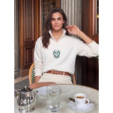 Onloox Beyaz Pamuklu Dik Yaka Crop Yarım Fermuarlı Içi Polarlı Uzun Kollu Sweatshirt
