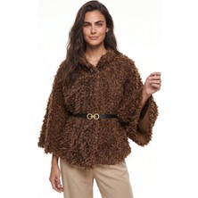 Onloox Kahverengi Yumuşak Dokulu Polyester Kumaş Belden Kemer Detaylı Peluş Panço