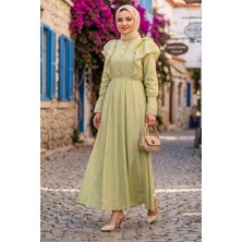Hnt Hayrunnisa  Fırfır Dantelli  Modal Astarlı Tül Elbise Yeşil HNT8618