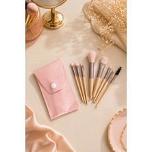Kitchen Dream Pembe 8'li Profesyonel Makyaj Fırça Seti Çantalı - Yumuşak Kıllı Fondöten Far Allık Kontür Kaş Fırçaları - Seyahat Tipi