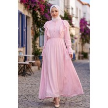Hnt Hayrunnisa  Fırfır Dantelli  Modal Astarlı Tül Elbise Pembe  HNT8618