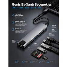 Derwell 8 Portlu Usb-C Hub Çoklayıcı Adaptör | 1000MBPS RJ45 Kablolu Internet, 4K@30Hz HDMI Görüntü Aktarımı, Pd Şarj, Sd/tf Kart Desteği, 5gbps Hızlı Veri Aktarımı Macbook, Notebook ve Tablet Uyumlu