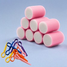 Generic Croc 1207 Pembe Cırtlı Sünger Bigudi 8li Çap 4cm + 10LU Plastik Saç Pensi
