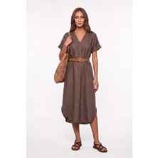 Passion Moda Evi Kısa Kol Keten Midi Boy Yırtmaçlı/kemerli Elbise