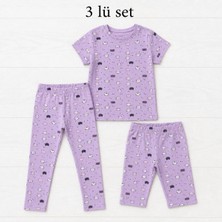 İncili Kız Çocuk T-Shirt-Kapri-Tayt 3'lü Set Lila Kedi Desenli