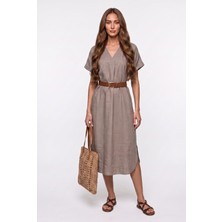 Passion Moda Evi Kısa Kol Keten Midi Boy Yırtmaçlı/kemerli Elbise