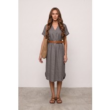 Passion Moda Evi Kısa Kol Keten Midi Boy Yırtmaçlı/kemerli Elbise