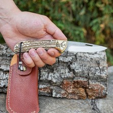 Köse Mehmet Katlanır Model - N690 Çelik -  Geyik Işlemeli Geyik Boynuzu Sap - 19 cm