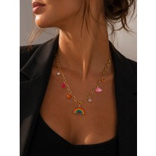 Hector Co Jewellery Rainbow Charm Premium Gökkuşağı, Kalp ve Charm Detaylı 316L Çelik Altın Renk Kolye