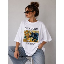 Nileq Boutique Van Gogh Cat Baskılı Oversize Unisex Beyaz Tişört