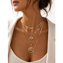 Lovecharm Elysian Eye Premium 4 Katlı Nazar Göz ve Güneş Figürlü 316L Çelik Altın Renk Kolye