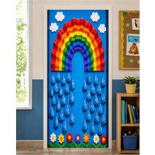Promisebackdrop2 190X75CM Lastikli Kapı Süsü, Kumaş Kapı Giydirme, Gökkuşağı ve Yağmur Damlası Temalı, Sınıf Kapısı, Okul Etkinlik Kapı Süsü