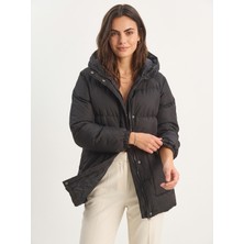 Onloox Siyah Polyester Kumaş Kapüşonlu Regular Fit Fermuarlı Astarlı Cepli Şişme Mont