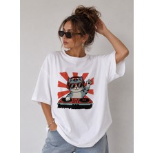 Dj Kedi Baskılı Oversize Unisex Beyaz Tişört