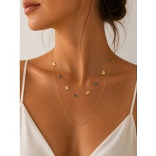 Poseidons Jewellery Lucky Elephant Duo Premium Fil Figürlü Nazar Boncuklu Çift Zincir 316L Çelik Altın Renk Kolye