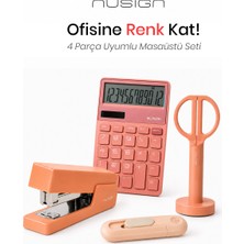 Nusign  Hesap Makinesi &zımba & Makas Kırtasiye Seti - Pembe