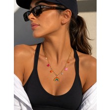 Lovecharm Rainbow Charm Premium Gökkuşağı, Kalp ve Charm Detaylı 316L Çelik Altın Renk Kolye