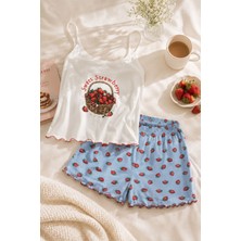 Koza İç Giyim Kadın Ince Askılı Desenli Pamuklu Şortlu Pijama Takımı