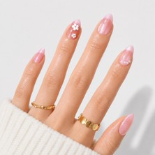 Takma Takma Pembe Nail Art Kısa Badem El Yapımı Jel Takma Tırnak KKBD-3506 Pembe-Xs