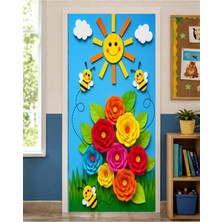 Promisebackdrop2 190X75CM Lastikli Kapı Süsü, Kumaş Kapı Giydirme, Renkli Çiçek ve Güneş Temalı, Sınıf Kapısı, Okul Etkinlik Kapı Süsü
