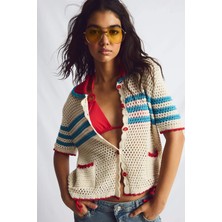 DeFacto Regular Fit Polo Yaka Ajurlu Triko Ekru Hırka H7874AX26SM