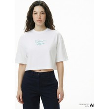 Calvin Klein Cropped Boxy Chain Stitch Logo Kadın Beyaz Crop T-Shirt