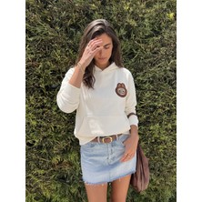 Onloox Ekru Pamuklu Karışım Kapüşonlu Yaka Nakış Işlemeli Kanguru Cepli Sweatshirt