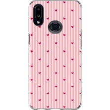 TechTree Samsung Galaxy A10S Uyumlu Pembe Çizgili ve Mini Kalp Baskılı Silikon Kılıf