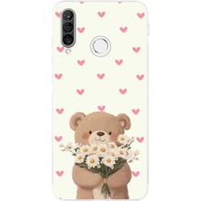 TechTree Huawei P30 Lite Uyumlu Papatya Tutan Sevimli Ayıcık Baskılı Silikon Kılıf