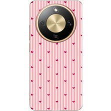 TechTree Honor Magic 8 Lite Uyumlu Pembe Çizgili ve Mini Kalp Baskılı Silikon Kılıf