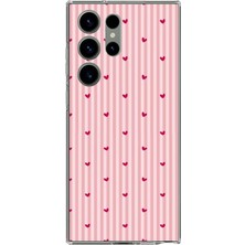 TechTree Samsung Galaxy S23 Ultra Uyumlu Pembe Çizgili ve Mini Kalp Baskılı Silikon Kılıf