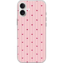 TechTree iPhone 16 Plus Uyumlu Pembe Çizgili ve Mini Kalp Baskılı Silikon Kılıf