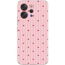 TechTree Vivo V70 Uyumlu Pembe Çizgili ve Mini Kalp Baskılı Silikon Kılıf