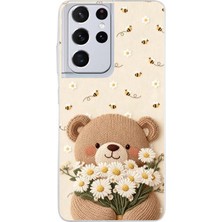 TechTree Samsung Galaxy S21 Ultra Uyumlu Arı ve Papatya Sevimli Ayıcık Baskılı Silikon Kılıf