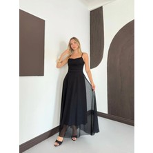 Zf Butik Kadın Askılı Drapeli Tül Detaylı Uzun Abiye Elbise