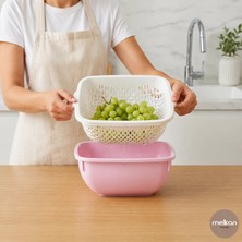 Melkan Home Çok Amaçlı Süzgeç 6 Litre Süzgeçli Kase Süzgeç + Kare Kase 6 Litre Ikili Set Pudra - Mutfak Gereçleri