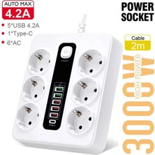 Marsilyan™- HP-H04 3000W 10AMPER 6’lı 2metre Uzatma Kablolu Çoklu Termal Akım Priz