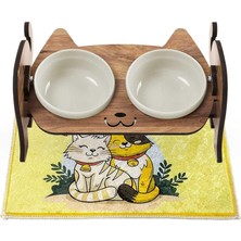 MarkEntegra Gobypet Always The Best Ahşap Kedi Mama ve Su Kabı ile Kedi Köpek Paspası - Demonte Kedi Mama Su Kabı, Çift Hazneli Seramik Mama ve Su Kabı - Ayarlanabilir Mama Kabı (Beyaz Seramik)
