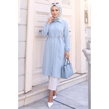 Modestim Kadın Tesettür Mavi Tensel Kumaş Gömlek Tunik Beli Kuşaklı Boydan Düğmeli Trend Tesettür Uzun Tunik