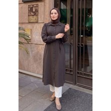 Modestim Kadın Trend Tesettür Kahve Cupro Kumaş Gömlek Tunik Beli Kuşaklı Boydan Düğmeli Tesettür Uzun Tunik