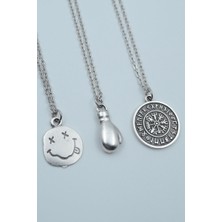 Alooya 3'lü Nirvana Gülen Surat Boks Eldiveni Viking Pusula Gümüş Kaplama Kolye Seti