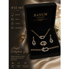 Banum Luxury En Son Moda Şık Modern Özel Seri Kolye Küpe Yüzük Bileklik Set Halinde Gold Renk Taş Detayı Xp Zirkon Taşlı Set Takım