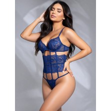 New Dreams Fantezi Kadın Siyah Dantel Body, Dantelli Şık Jartiyer Gecelik, Kadın İç Giyim, Bodysuit Mavi