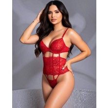 New Dreams Fantezi Kadın Siyah Dantel Body, Dantelli Şık Jartiyer Gecelik, Kadın İç Giyim, Bodysuit Kırmızı