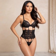 New Dreams Fantezi Kadın Siyah Dantel Body, Dantelli Şık Jartiyer Gecelik, Kadın İç Giyim, Bodysuit Siyah