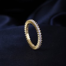 Gezer Kuyumculuk Yuvarlak Taşlı Tamtur Yüzük, Yuvarlak Kesim Gold Renk Kaplama Kadın Yüzük, 925 Ayar Gümüş