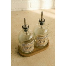 2'li Ahşap Stantlı Çeliktıpalı 750 ml Cam Ayçiçek Yağı Zeytinyağı Şişesi Yağdanlık Vintage  (At) (Froldeat)
