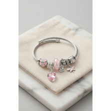 Havor Pembe Kristal Kalp Charmlı Gümüş Renk Bileklik